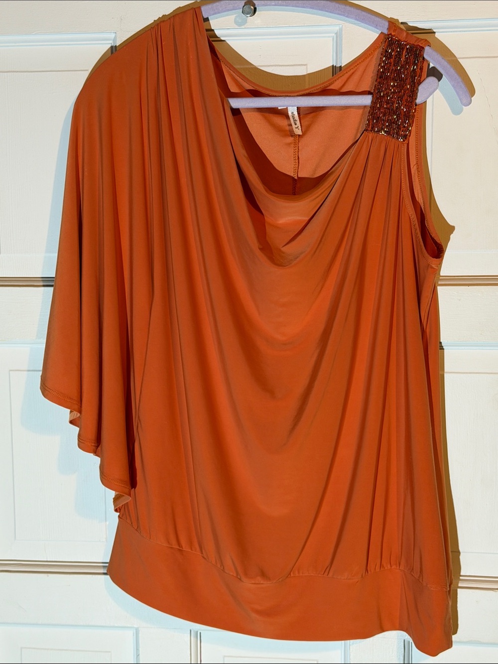 Sequin-Shoulder Draped One-Shoulder Top - Rust
